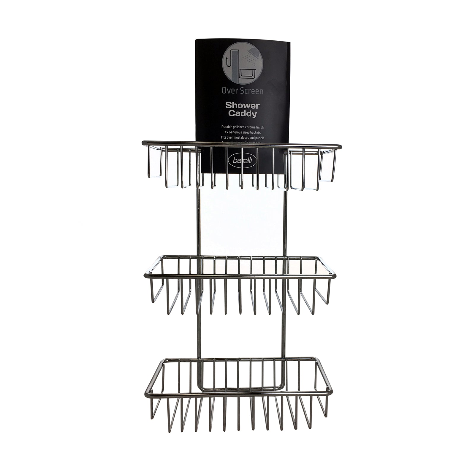 Barelli Over Screen Shower Caddy Chrome 3 Shelf with Hooks, No Drilling