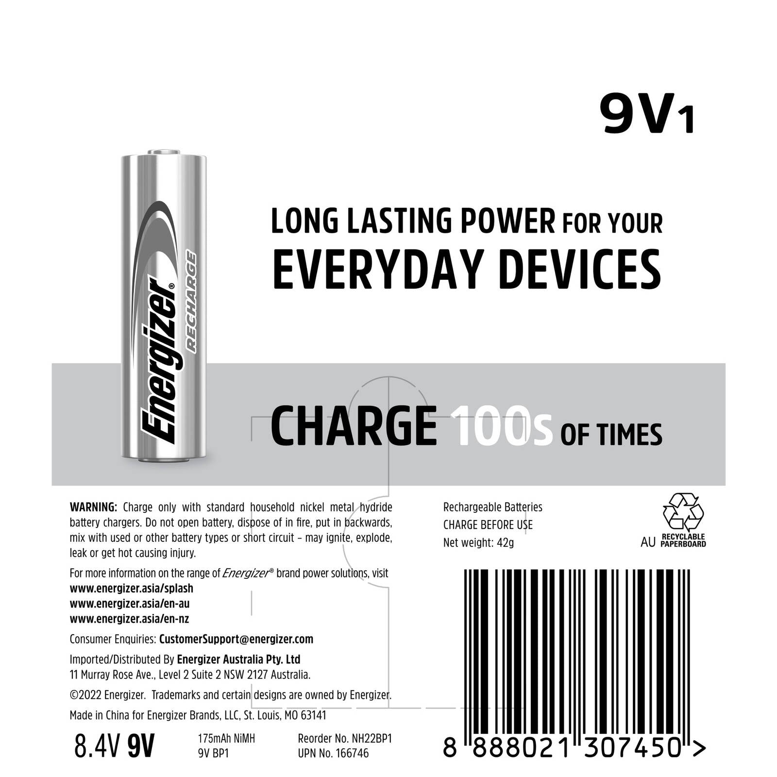 Energizer Recharge 9V Rechargeable Battery - 1 Pack