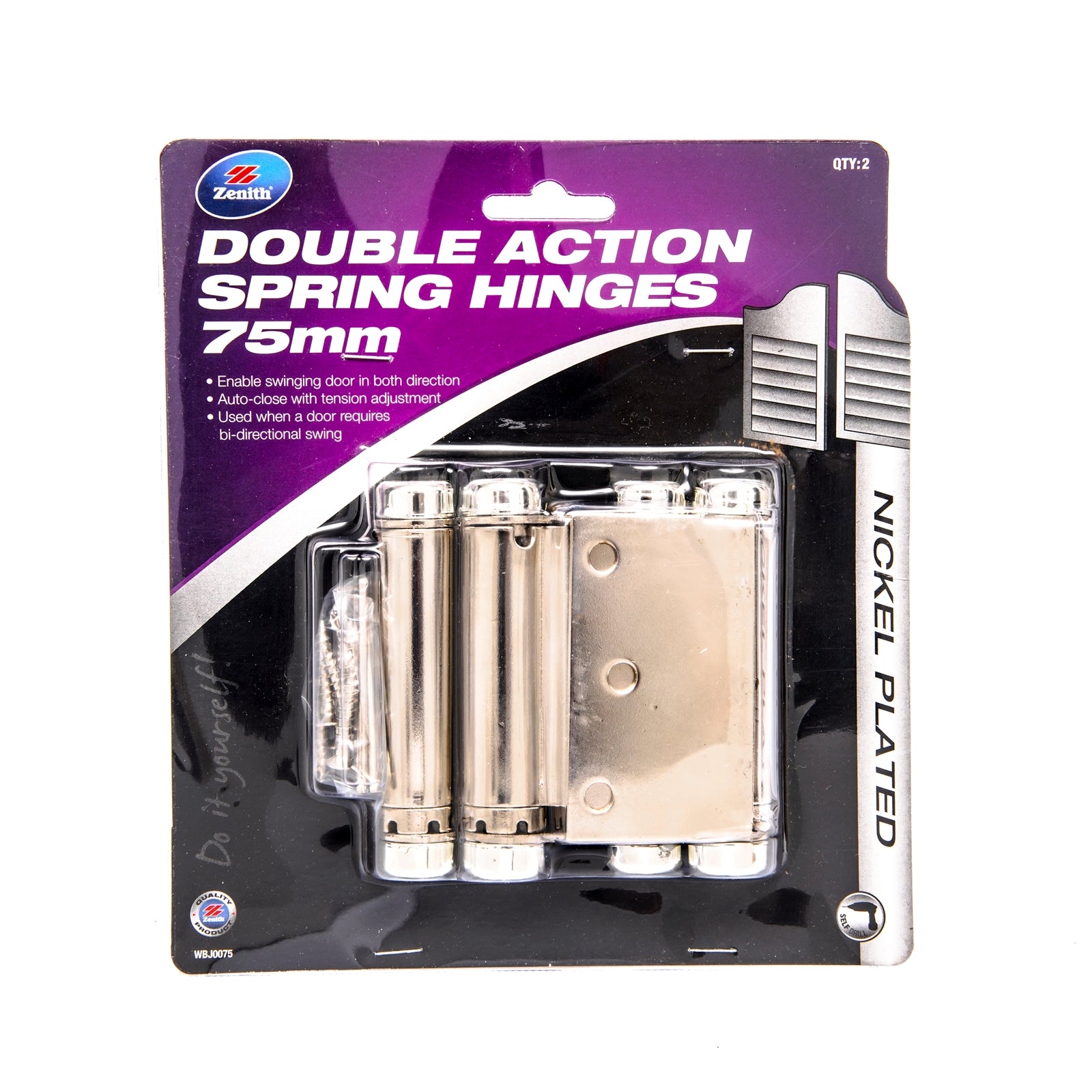 Zenith 75 x 82.5 x 2mm Nickel Plated Double Action Spring Hinge - 2 Pack