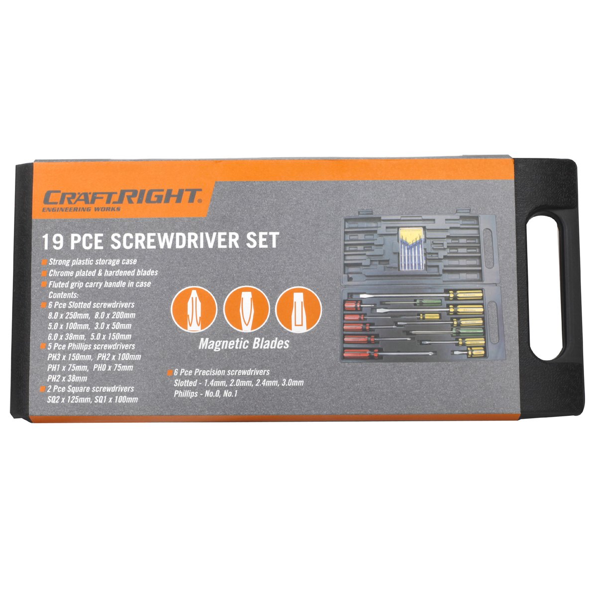 Craftright 19 Piece Screwdriver Set Steel Magnetic Tips with Case