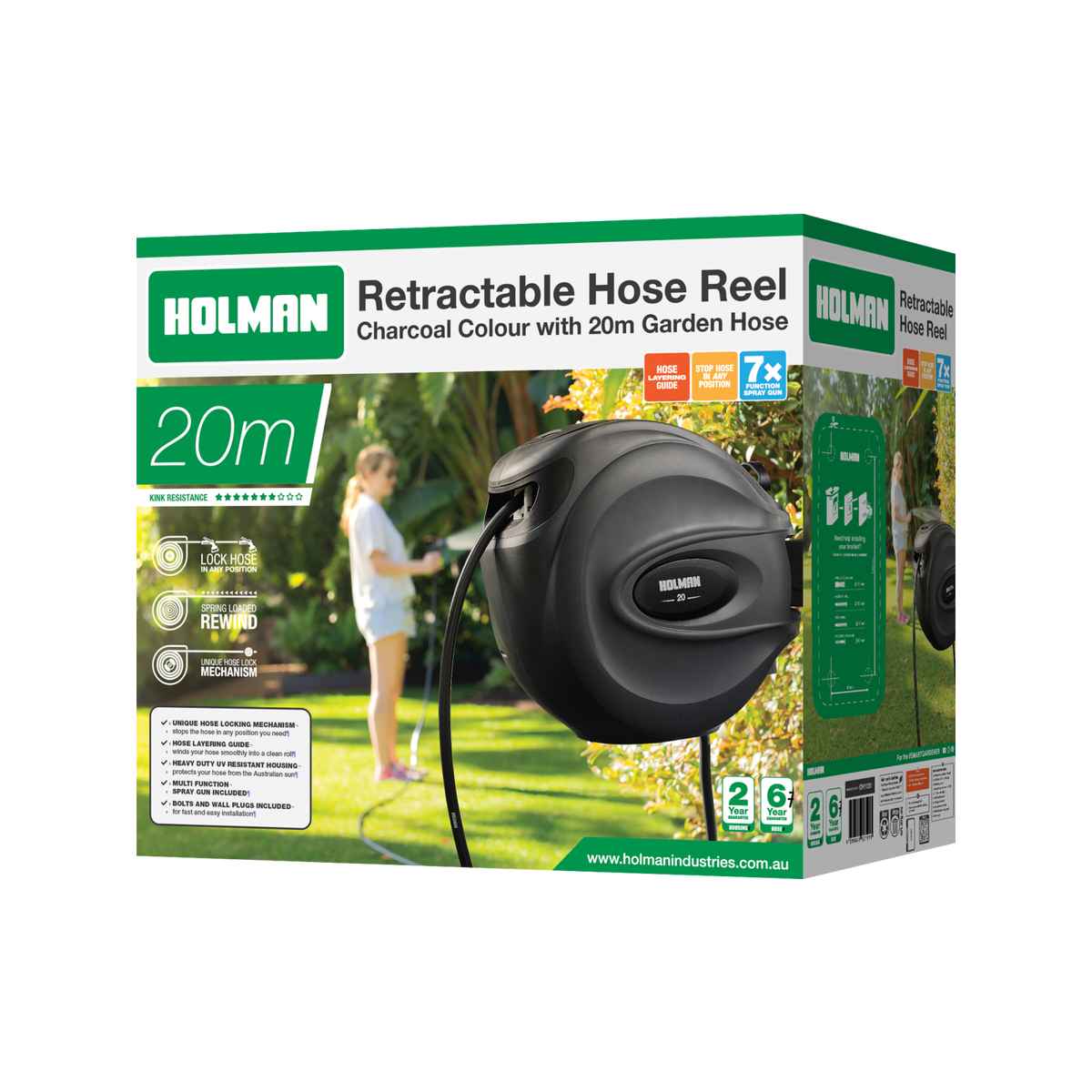 Holman 20m Charcoal Automatic Retractable Wall Mount Hose Reel