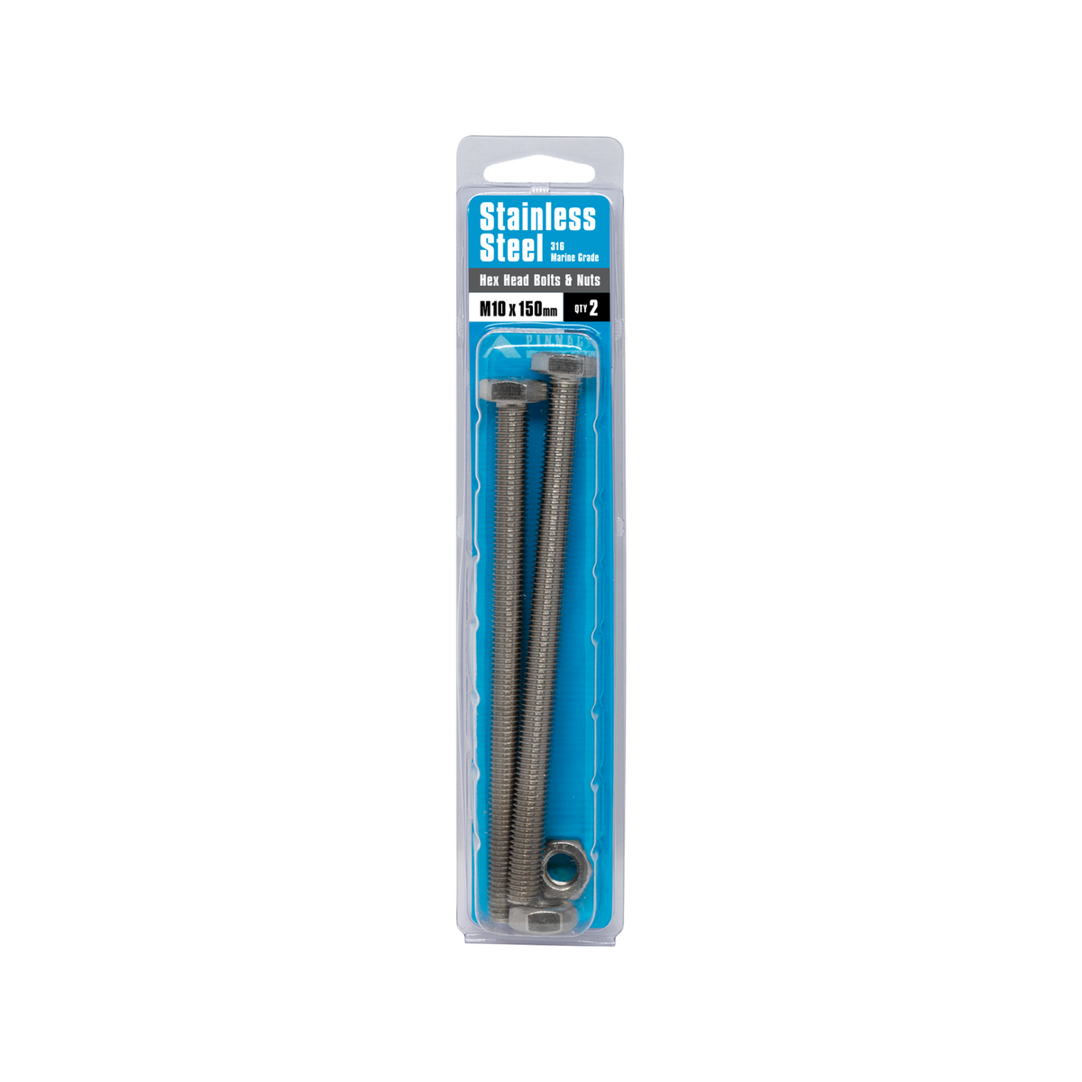 Pinnacle M10 x 150mm 316 Stainless Steel Hex Head Bolts and Nuts - 2 Pack