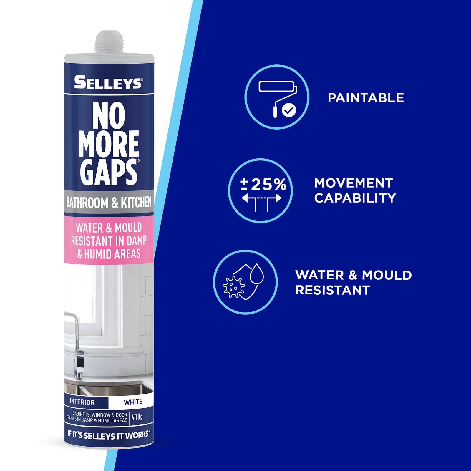 Selleys No More Gaps Bathroom & Kitchen Gap Filler 410g White - Paintable, Mould-Resistant