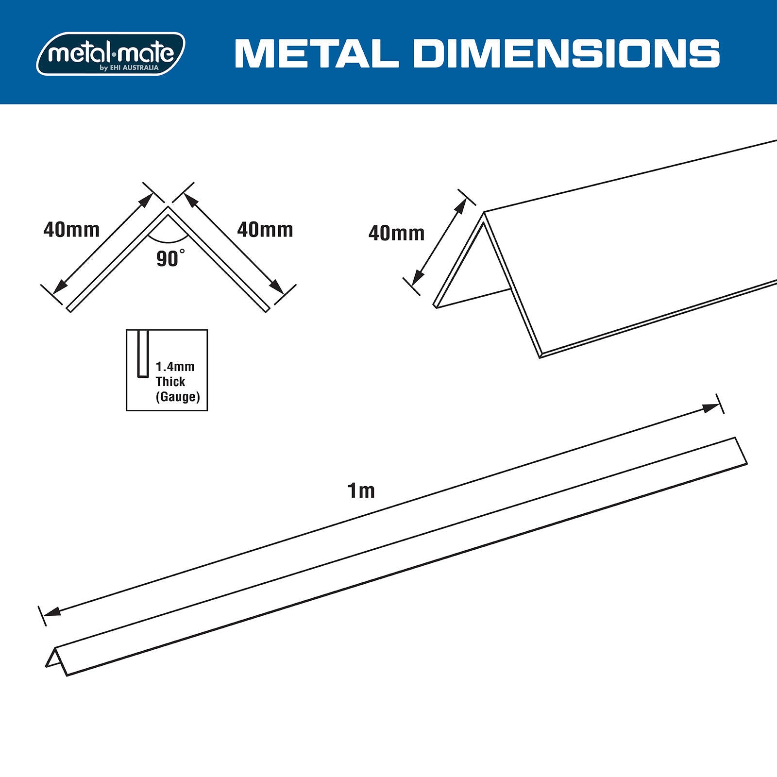 Metal Mate 40 x 40 x 1.4mm 1m Aluminium Equal Angle Silver