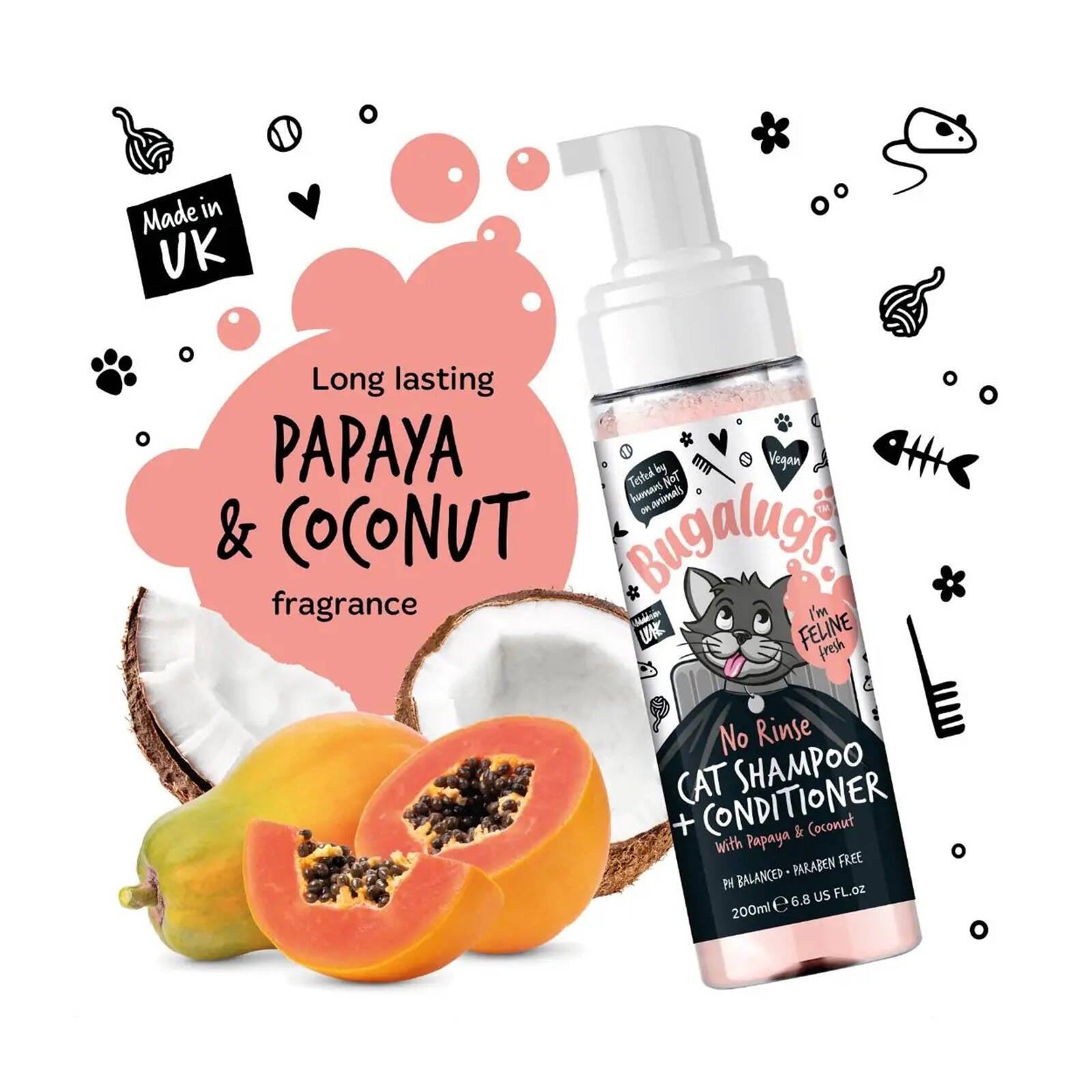 Bugalugs No Rinse Cat Shampoo and Conditioner 200ml, Papaya & Coconut
