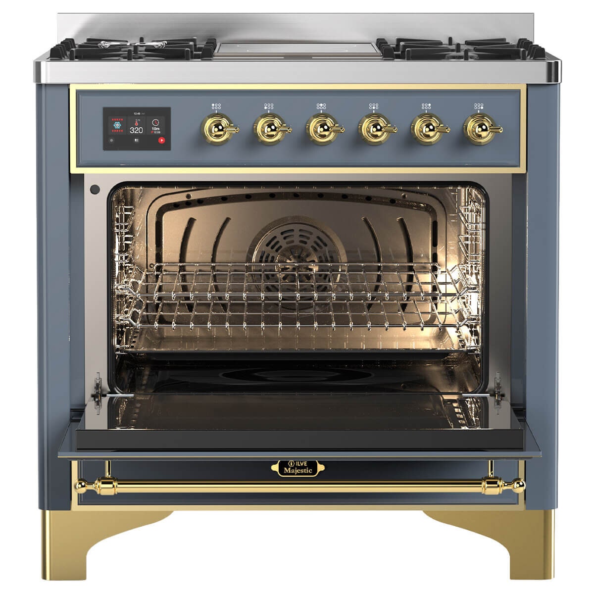 ILVE Majestic 90cm Freestanding Dual Fuel Oven - Touch Display, 16 Functions, Blue Grey Brass - M09IDNE3-BGG
