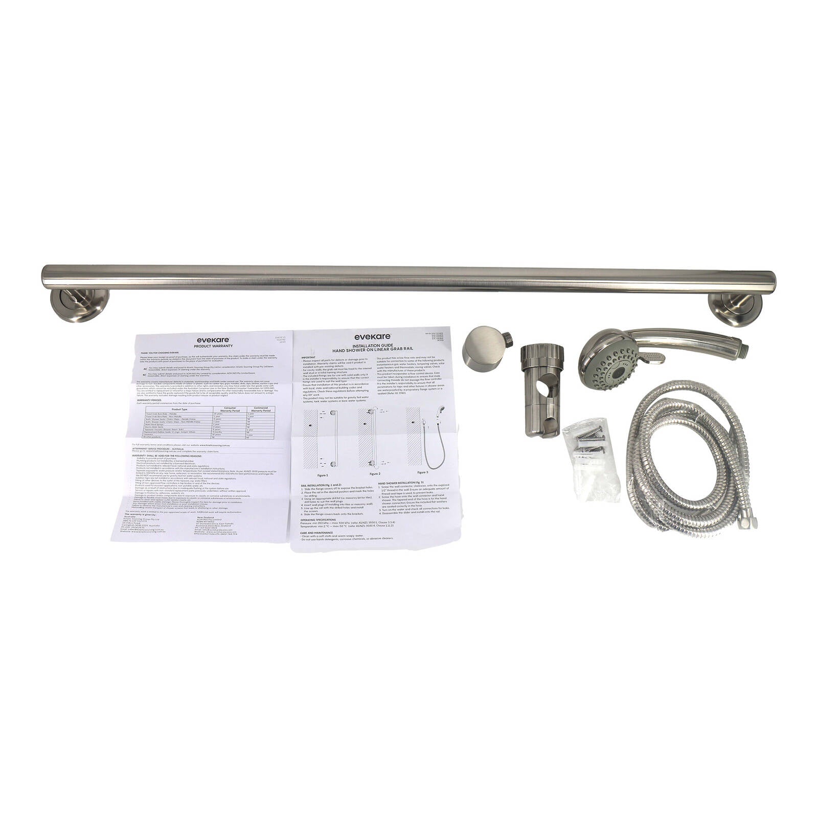 Evekare 900mm Brushed Nickel Grab Rail & 3 Function Shower, 2m Hose, 8.5L/min, 250kg, 3 Star WELS