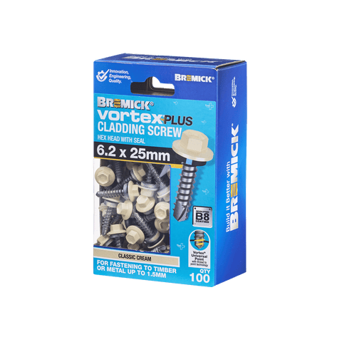Bremick Vortex Plus 6.2 x 25mm Hex Cladding Screws B8 Classic Cream - 100 Pack