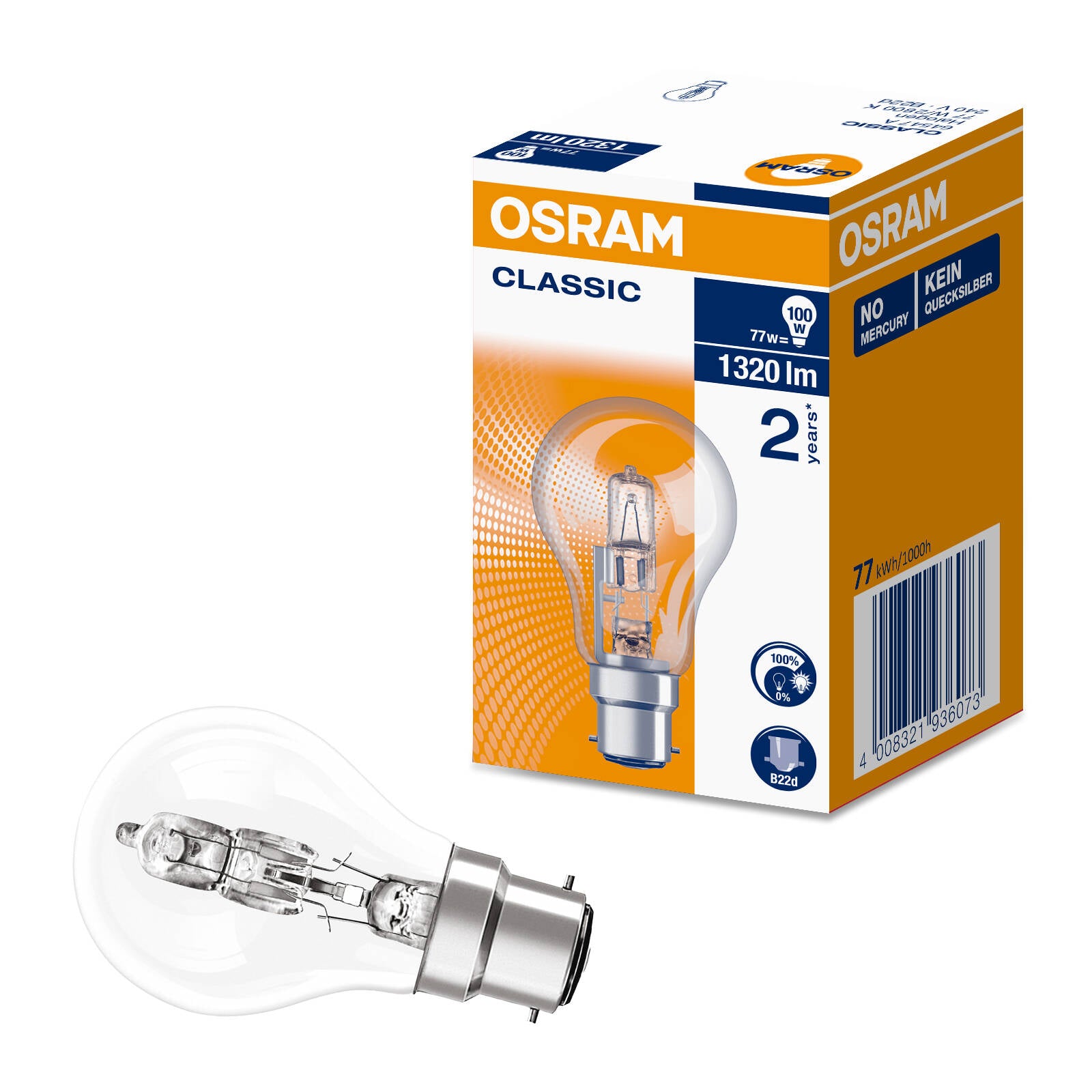 Osram 77W Halogen Classic A Globe, B22 Bayonet Warm White Clear 1320lm