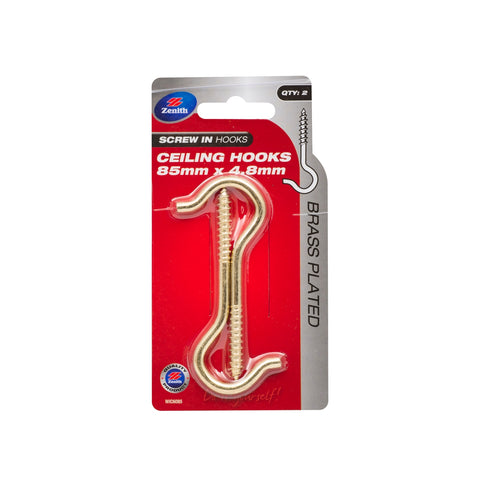Zenith 85 x 4.8mm Brass Plated Steel Ceiling Hook - 2 Pack