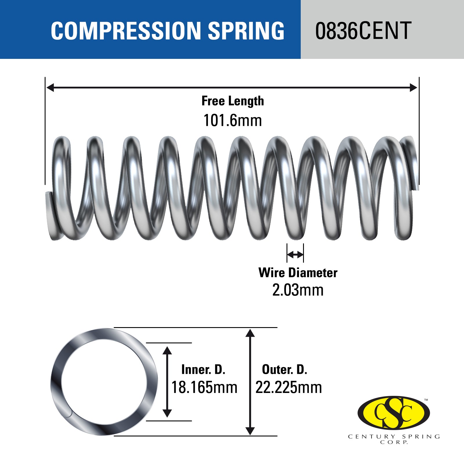 Century Spring Corp 22 x 101.6 x 2mm Compression Spring - 2 Pack Steel