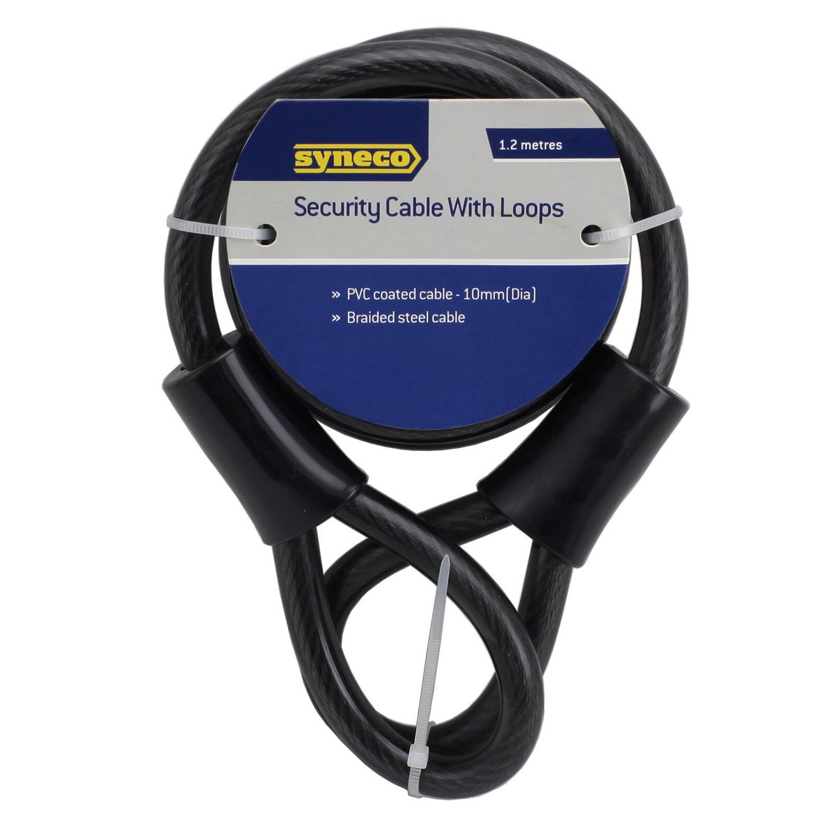 Syneco 1.2m Self-Coiling Security Cable Lock with Loops, Black PVC-Coated Steel