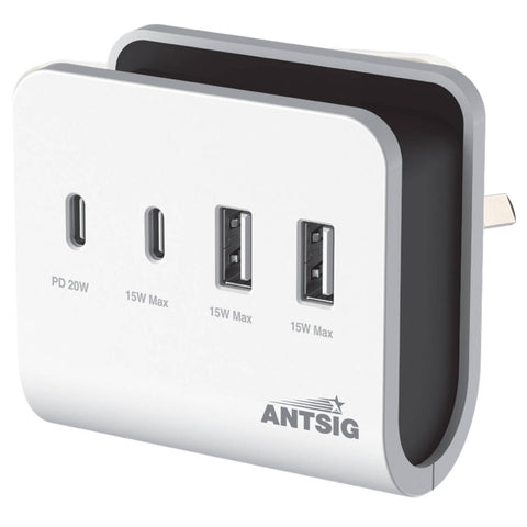 Antsig 20W 4-Port USB Wall Charger with Phone Holder - White ABS AP085B