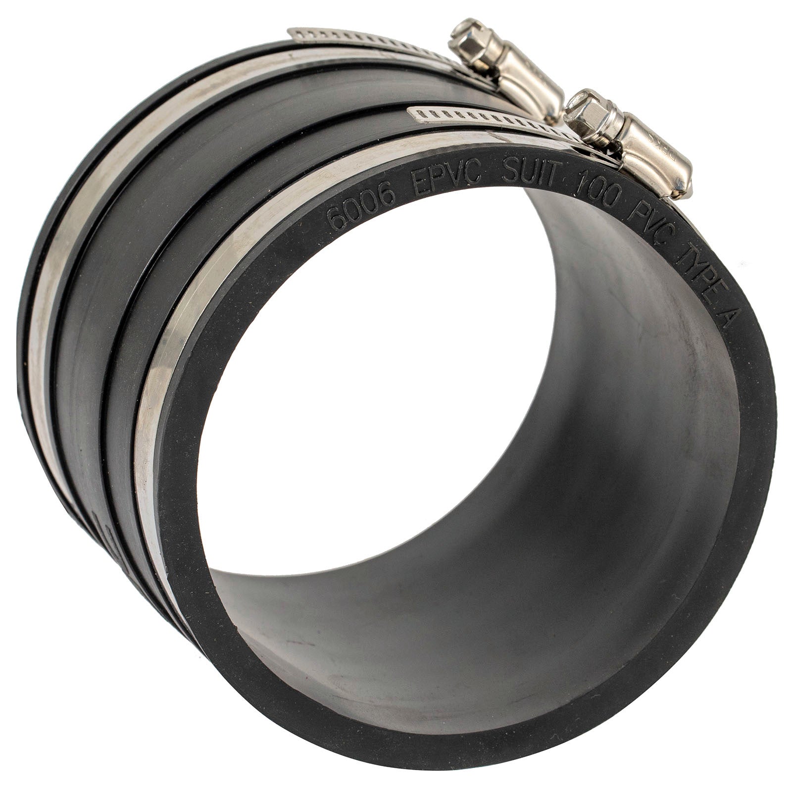 Deks 100mm PVC to PVC Rubber Joiner - EPDM & Stainless Steel, Underground Rated, Black