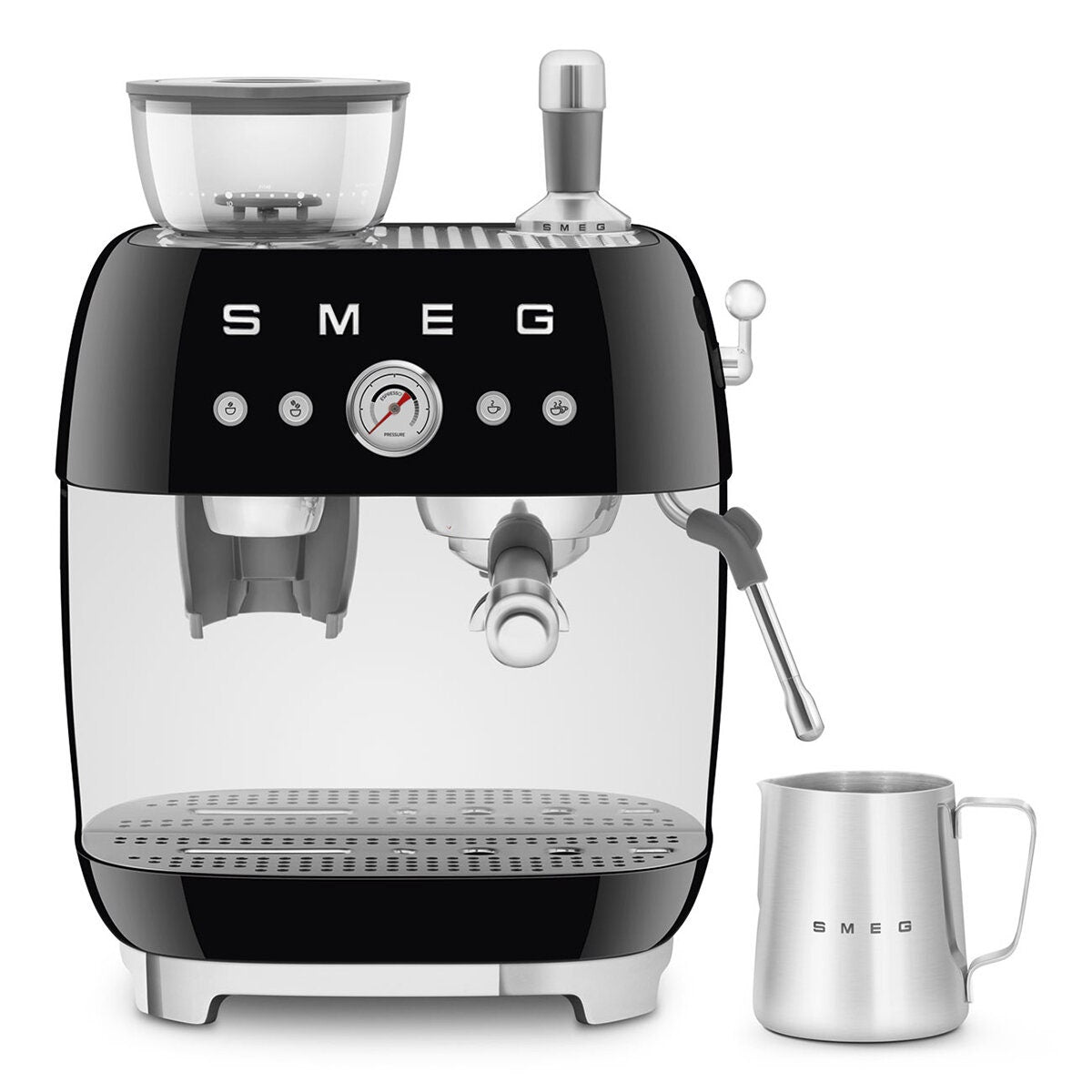Smeg 50s Style Espresso Machine with Built-in Grinder - 20 Bar, Dual Thermoblock, Black - EGF03BLAU
