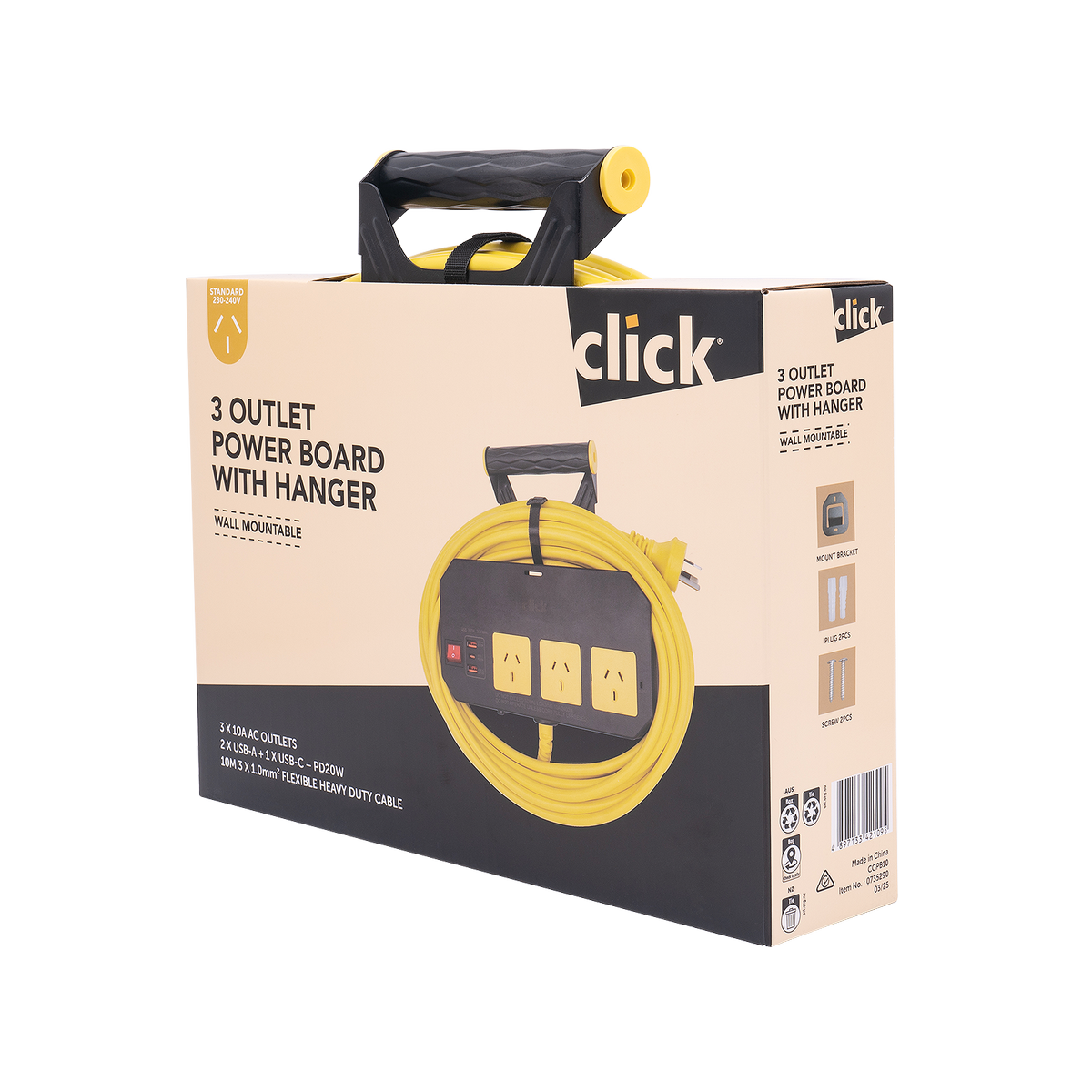 Click 10m Cord Wall Mountable Power Board - 3 Outlet with Hanger - Fast Charging - SuperSaverAU - view 4
