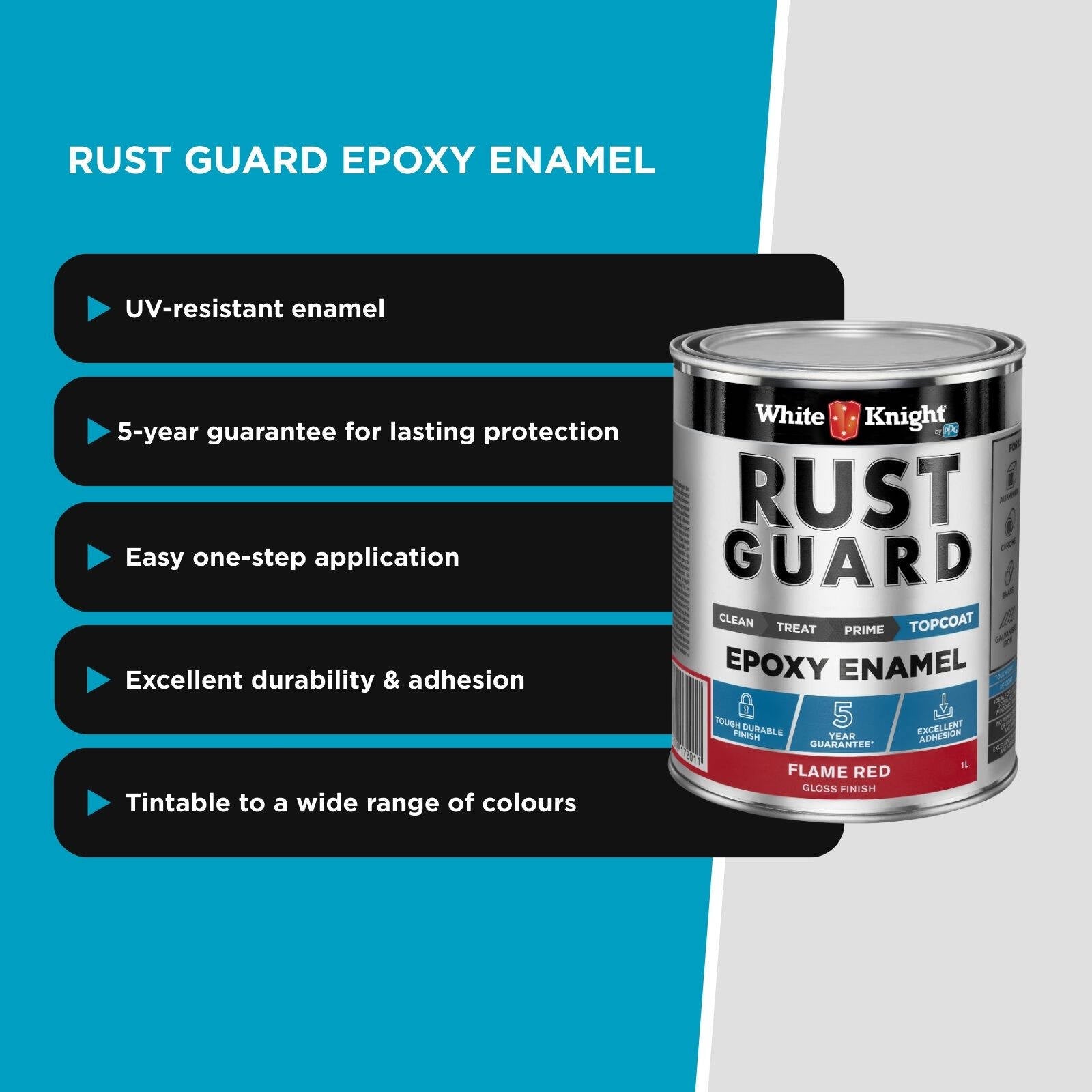 White Knight Rust Guard 1L Flame Red Gloss Epoxy Enamel Paint UV-Resistant for Metal