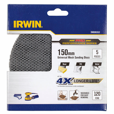 Irwin 150mm 120 Grit Orbital Sanding Disc Mesh Velcro 5 Pack
