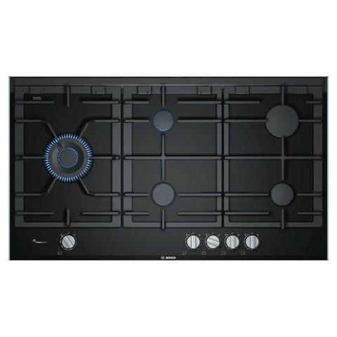 Bosch 90cm Series 8 Natural Gas Cooktop - Black Ceramic Glass, FlameSelect, Dual Wok Burner - PRS9A6D70A