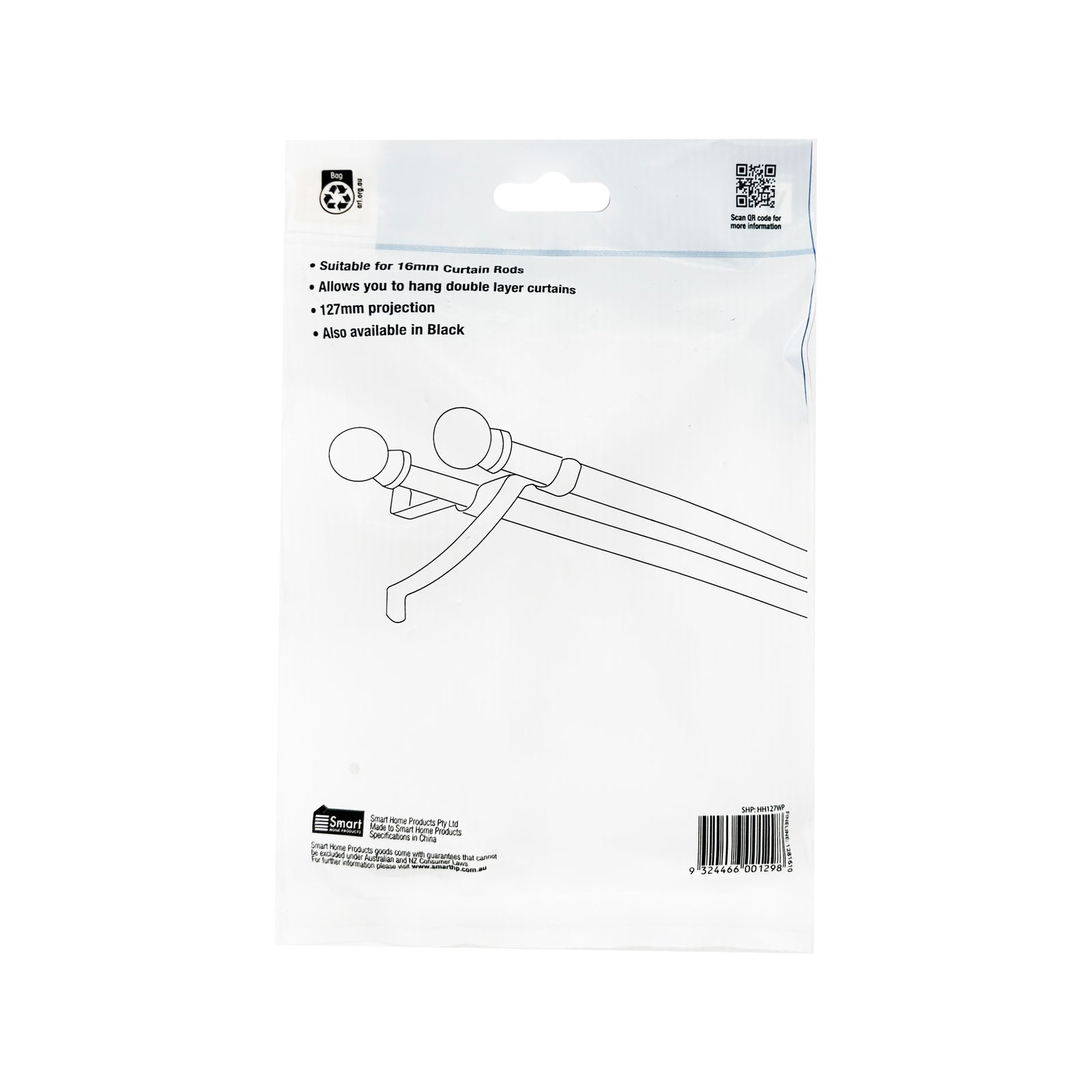 Windoware 127mm Double Stayed Curtain Rod Bracket - 2 Pack