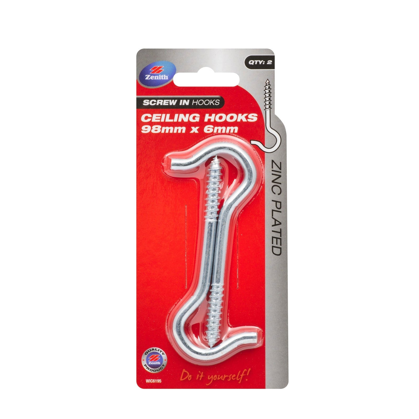 Zenith 98 x 6mm Zinc Plated Steel Ceiling Hook - 2 Pack