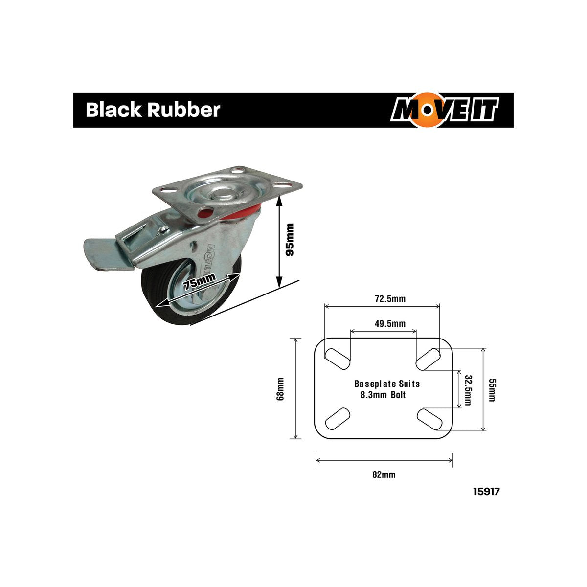 Move It 75mm Black Rubber Swivel Plate Castor with Brake, Indoor, 50kg