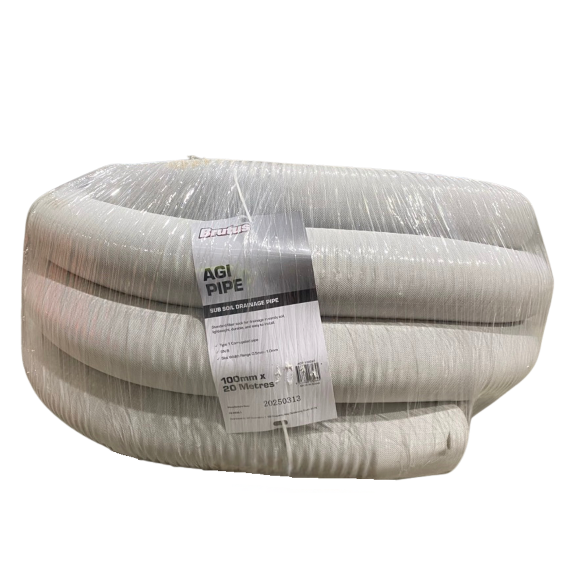 Brutus 100mm x 20m Slotted & Socked PVC Agi Pipe for Drainage