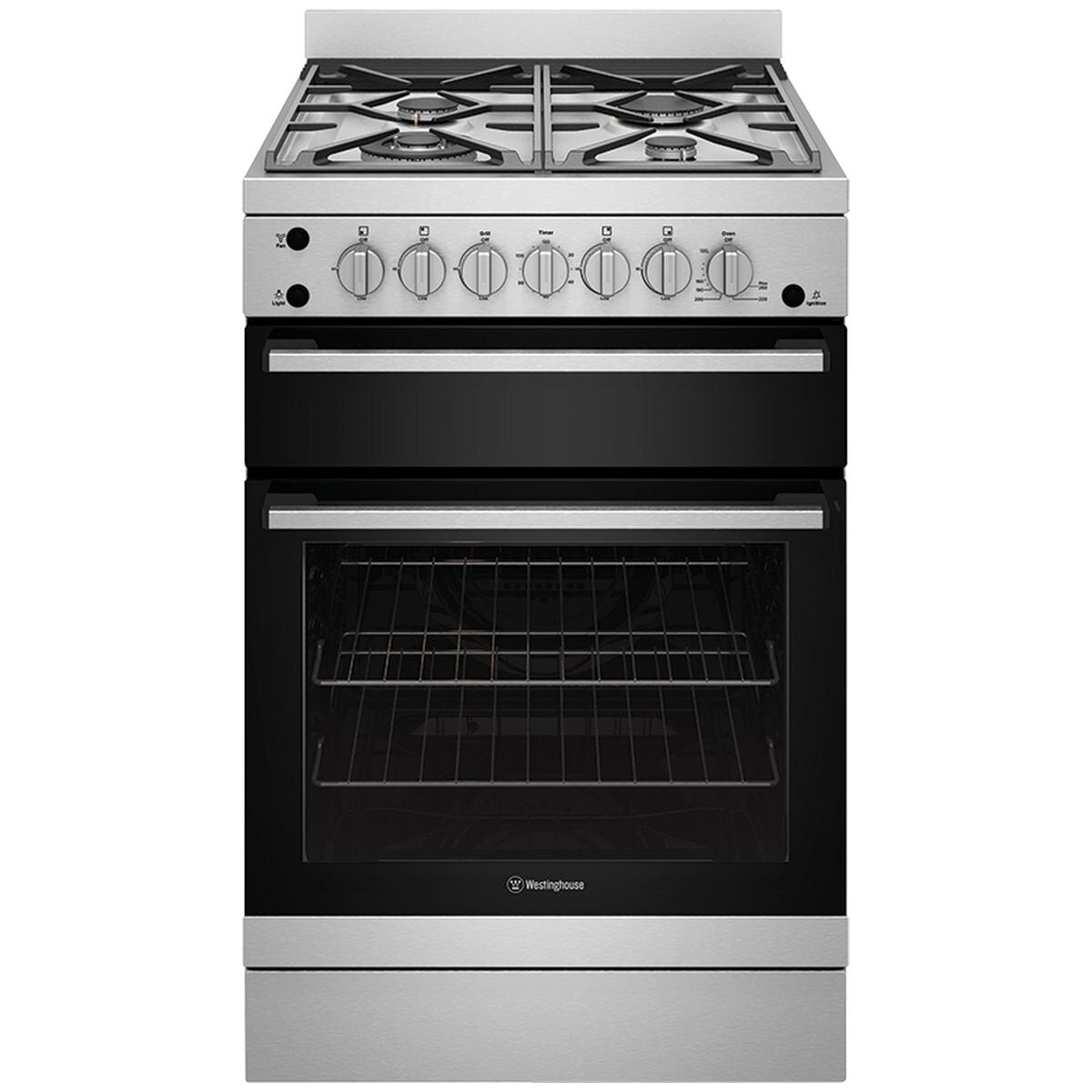 Westinghouse 60cm All Gas Freestanding Oven 80L - Stainless Steel, Wok Burner, Separate Grill - WFG612SCH