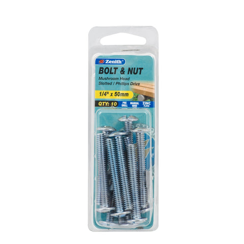 Zenith 1/4" x 50mm Zinc Plated Mushroom Head Bolt and Nut - 10 Pack