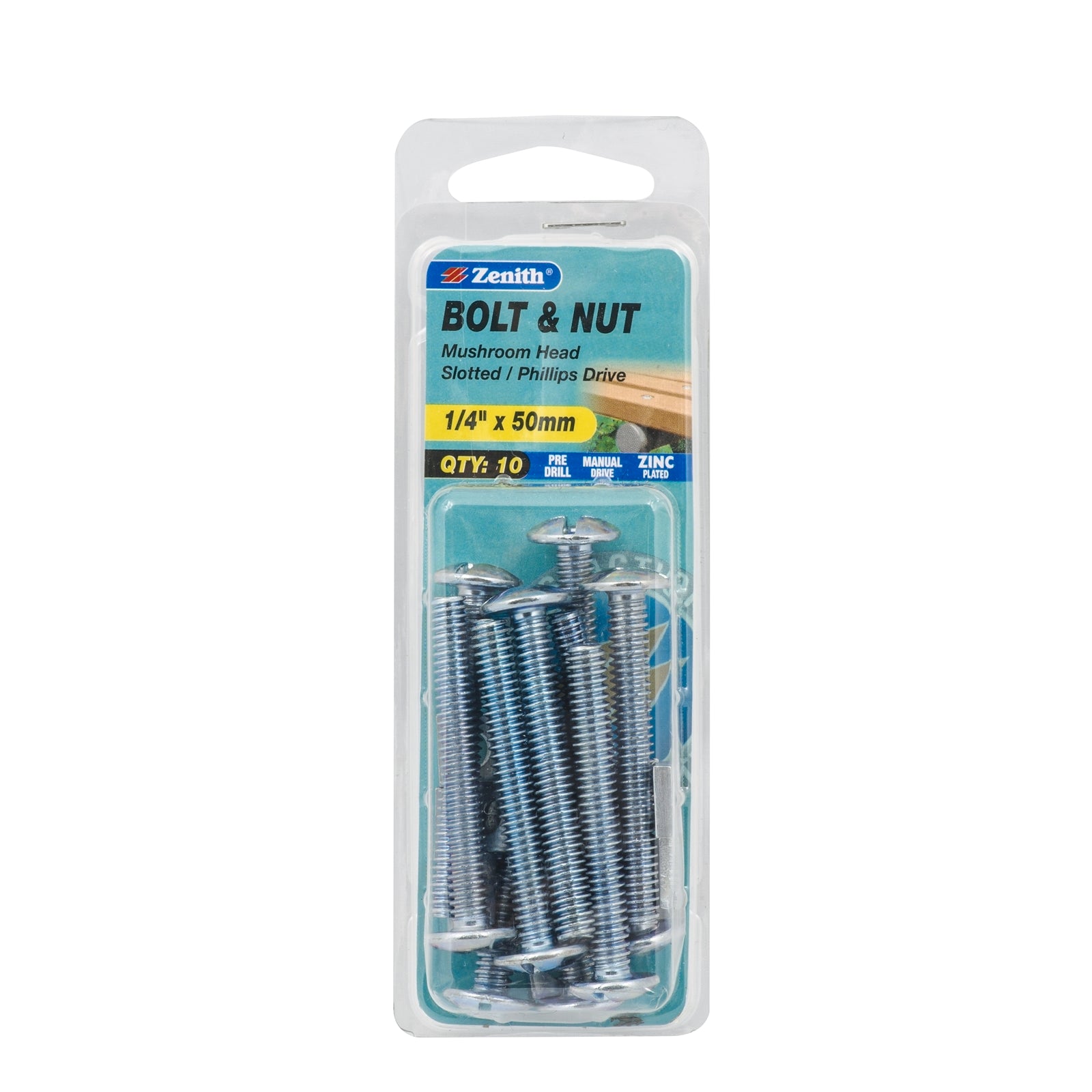 Zenith 1/4" x 50mm Zinc Plated Mushroom Head Bolt and Nut - 10 Pack