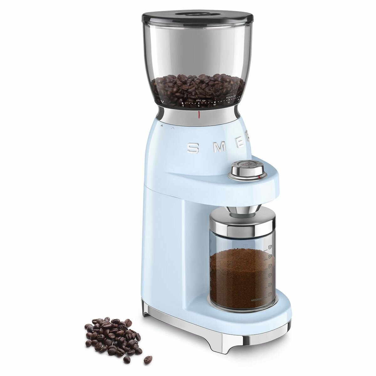 Smeg 50's retro style coffee grinder - pastel blue - 350g bean hopper - conical burr - CGF01PBAU