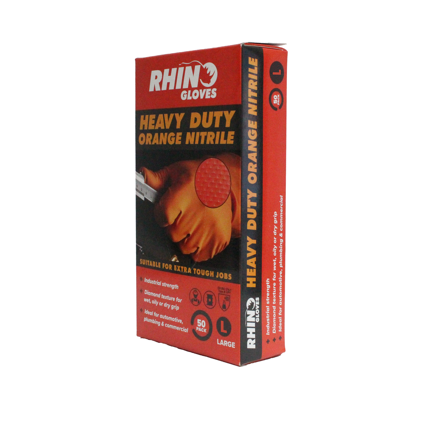 Rhino Large Orange Heavy Duty Nitrile Disposable Gloves 50 Pack - Diamond Grip, Latex Free