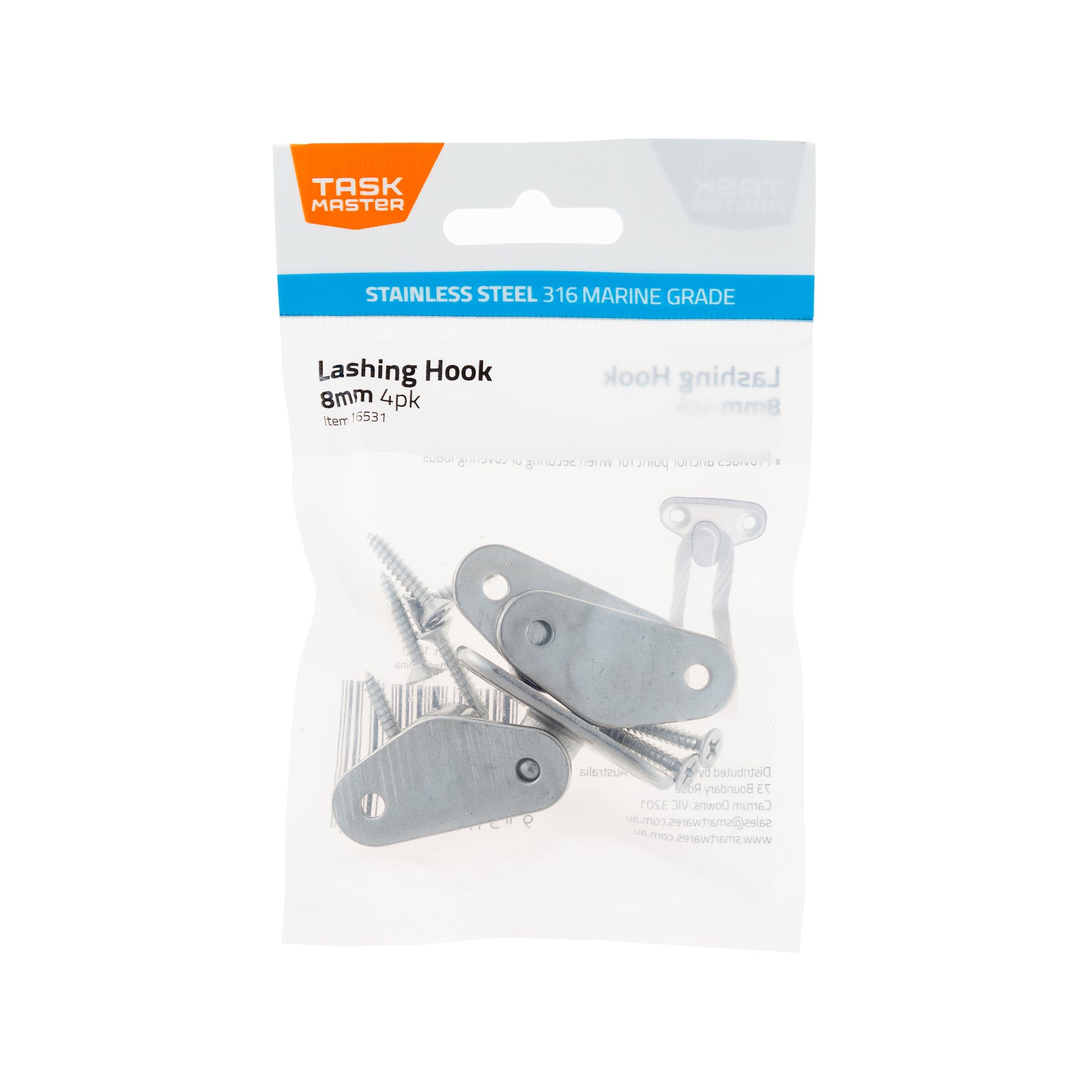 Taskmaster 8mm 316 Marine Grade Stainless Steel Lashing Hook - 4 Pack
