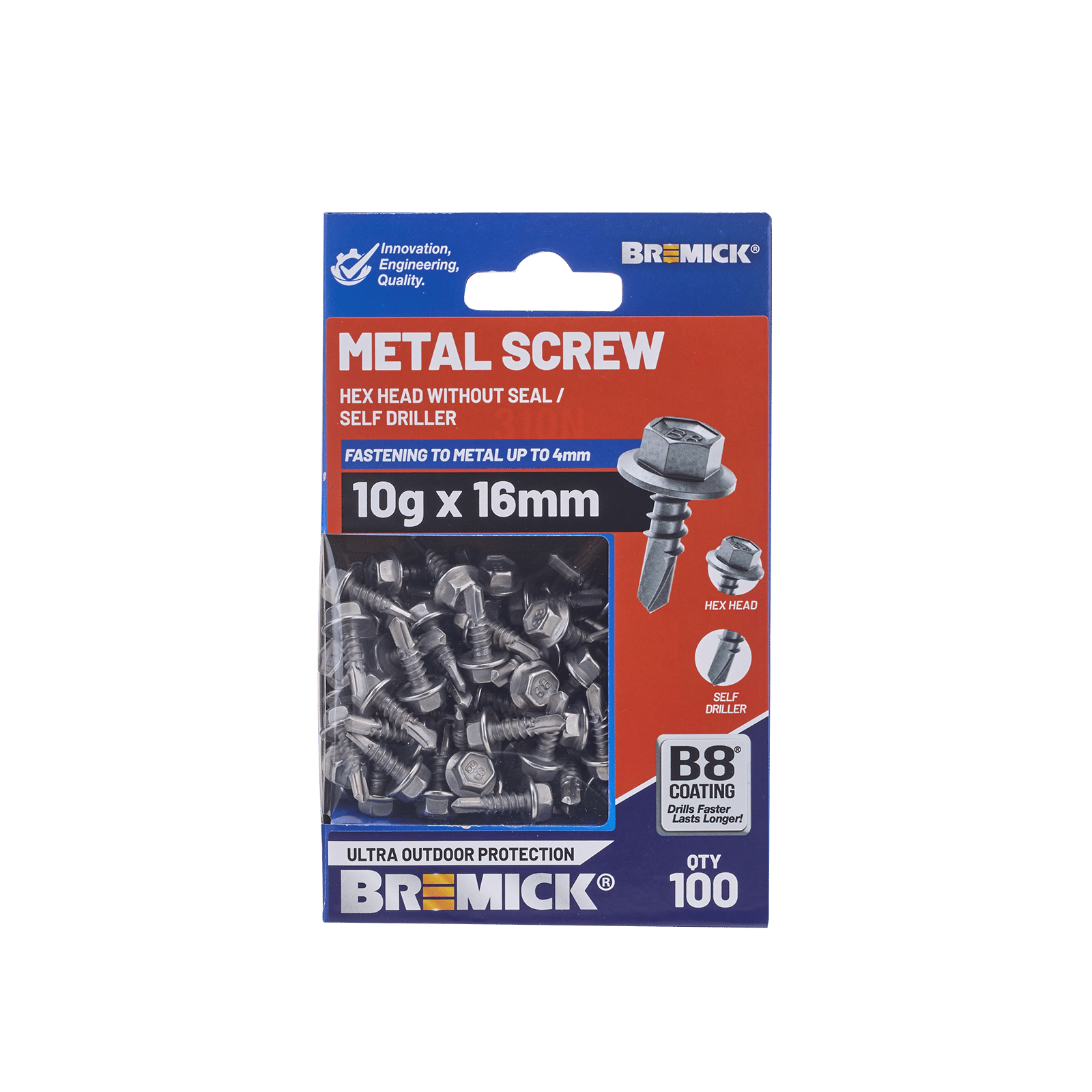 Bremick 10g x 16mm Hex Metal Screw, Carbon Steel B8 Coating, Drill Point Fine Thread - 100 Box