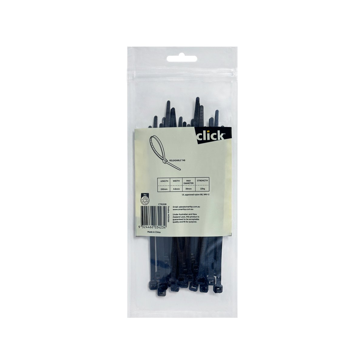 Click 150mm Black Releasable Nylon Cable Tie UV Resistant 25 Pack CTR150B