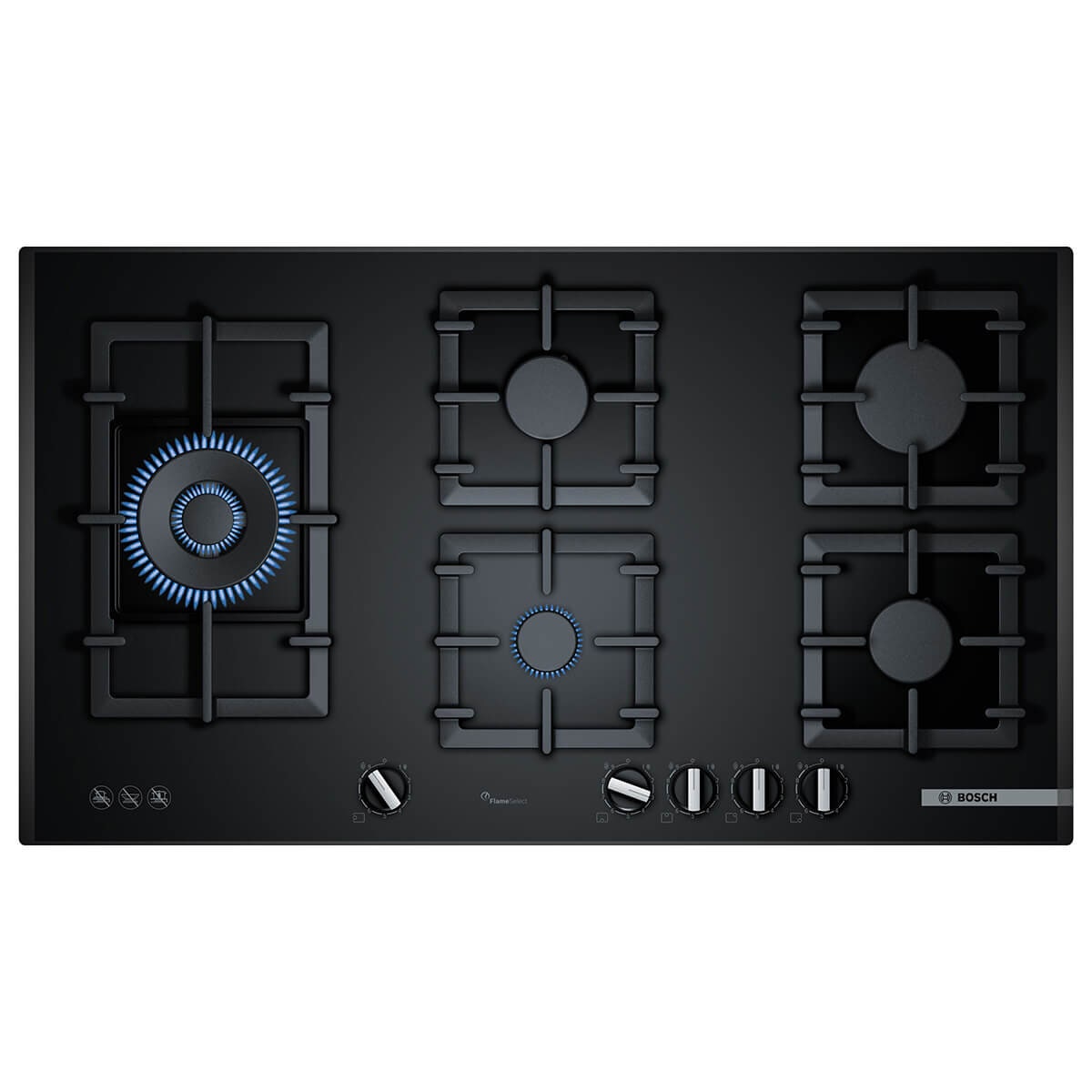 Bosch 90cm Series 6 Black Tempered Glass Gas Cooktop - Five Burners, FlameSelect, Wok Burner - PPS9A6B91A