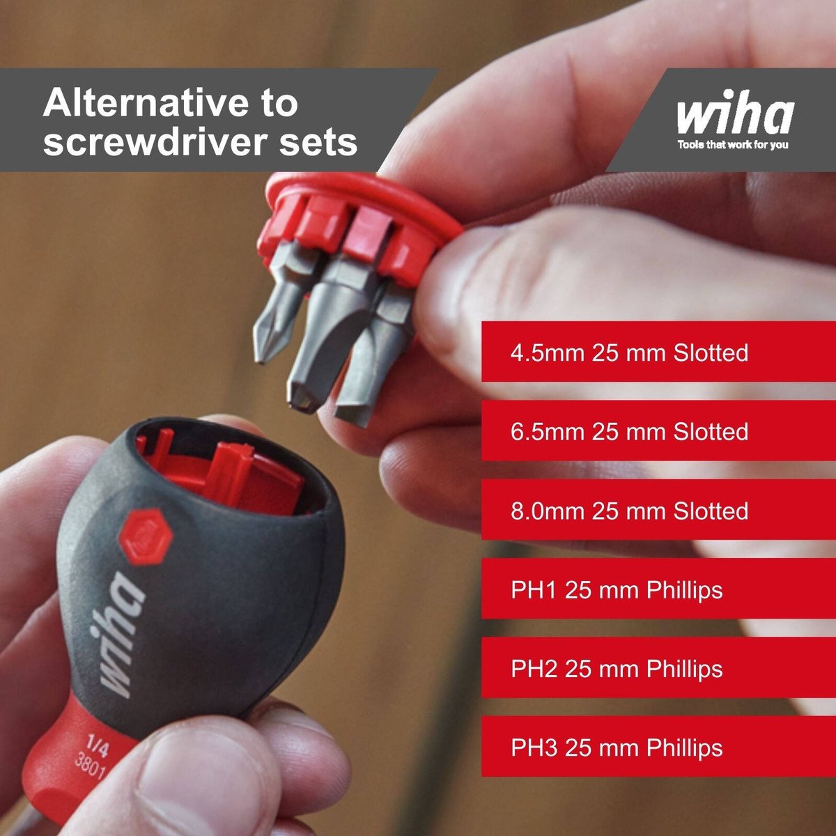 Wiha Stubby Screwdriver Bit Holder with 6 Bits 3 Flat 3 Phillips