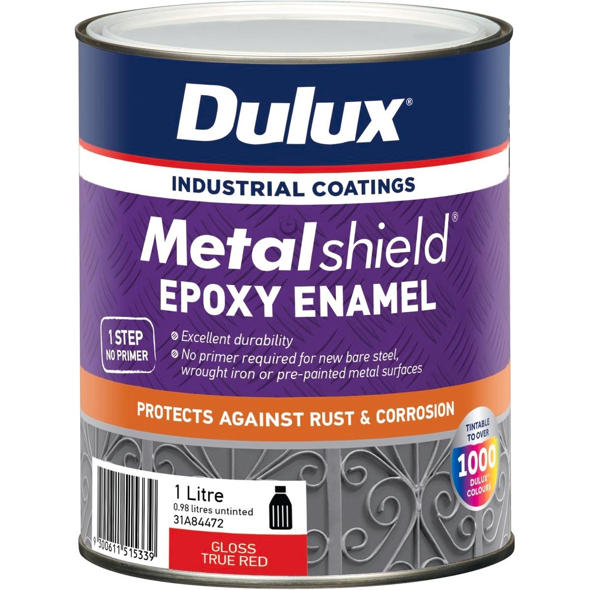 Dulux Metalshield Epoxy Enamel Gloss Paint 1L True Red - UV & Splatter Resistant Metal Topcoat