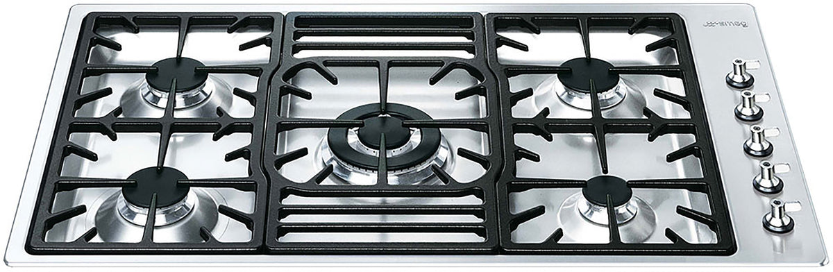 Smeg 90cm 5 Burner Gas Cooktop - Satin Stainless Steel - Wok Burner - Ultra-Low Profile - PGA95-4