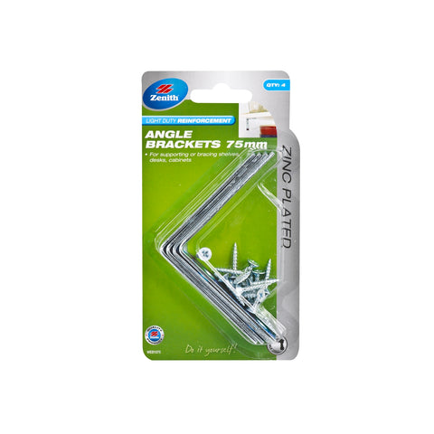 Zenith 75mm Zinc Plated Steel Angle Brackets, 4 Pack with Screws for Shelves and Cabinets