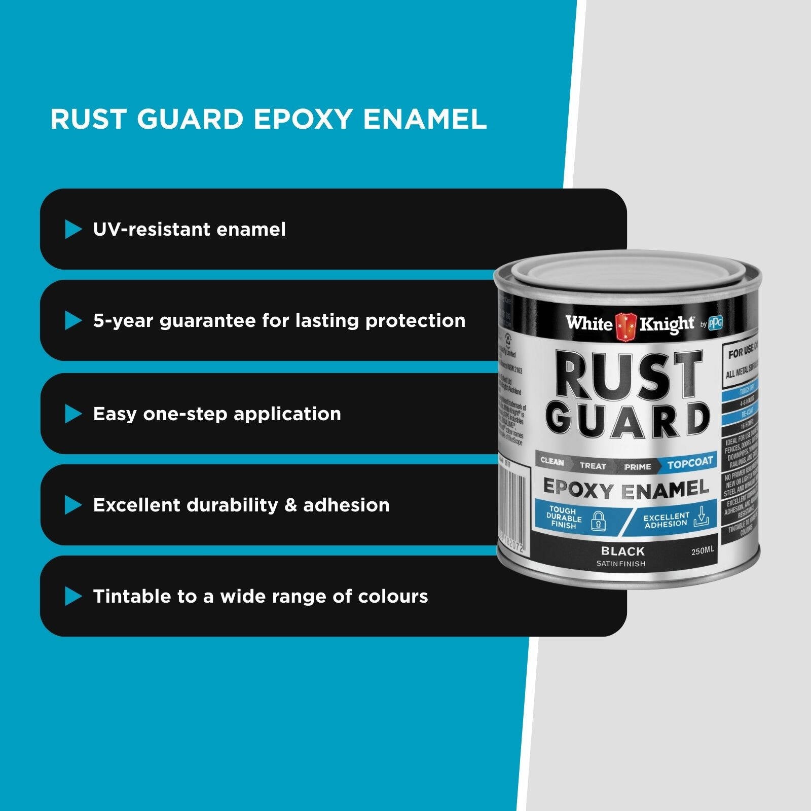 White Knight Rust Guard 250ml Black Satin Epoxy Enamel Paint, Solvent-Based, One-Step for Metal Surfaces