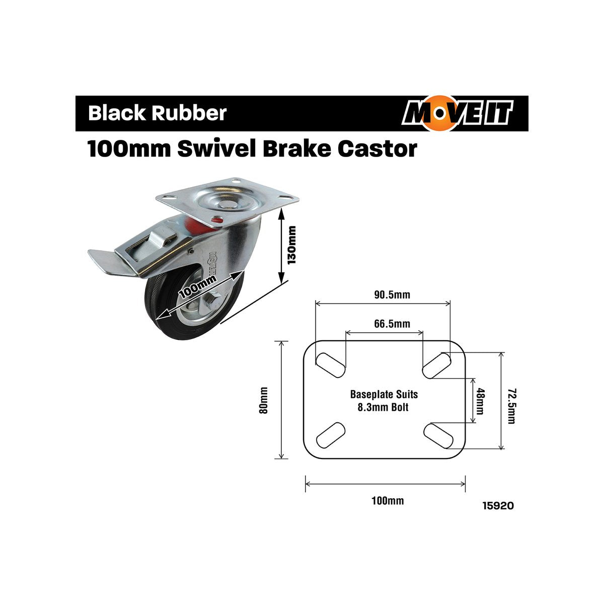 Move It 100mm Black Rubber Swivel Plate Castor with Brake, Indoor, 70kg