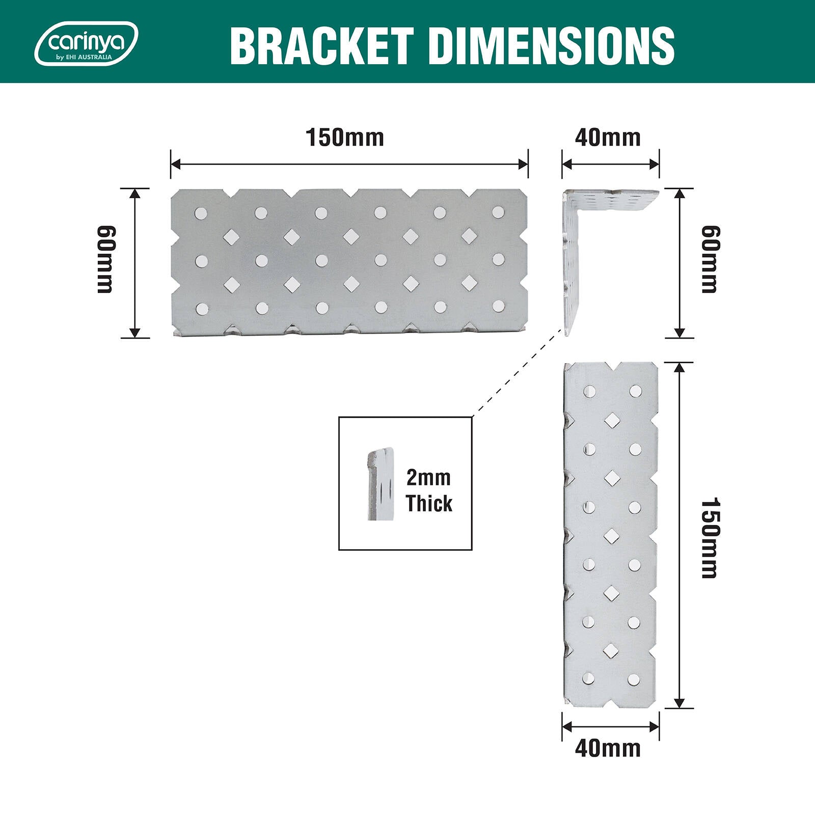 Carinya 40 x 60 x 150 x 2mm Galvanised Steel Angle Make-A-Bracket, Indoor/Outdoor