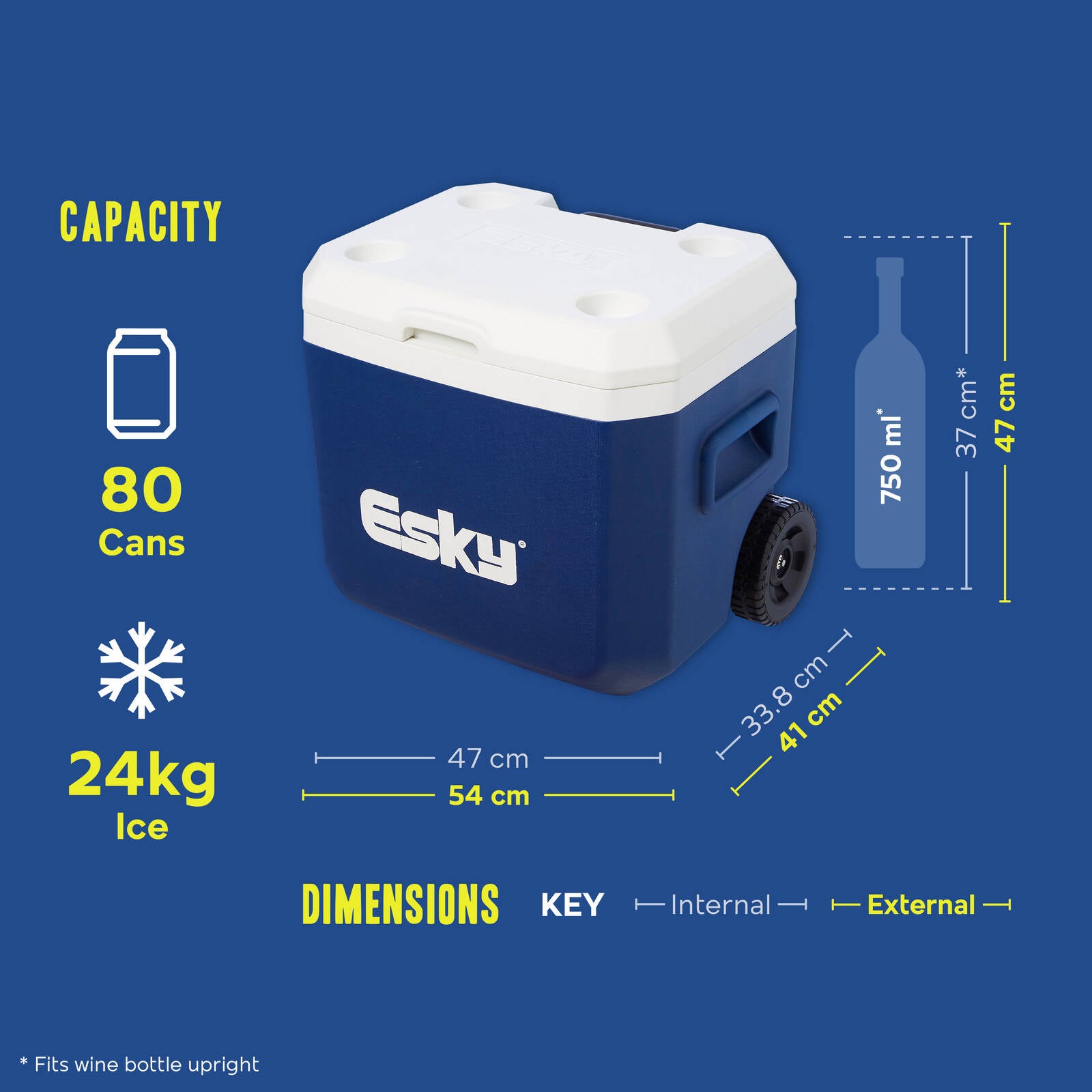 Esky 52L Wheeled Hard Cooler with Drain & Telescopic Handle Blue/White