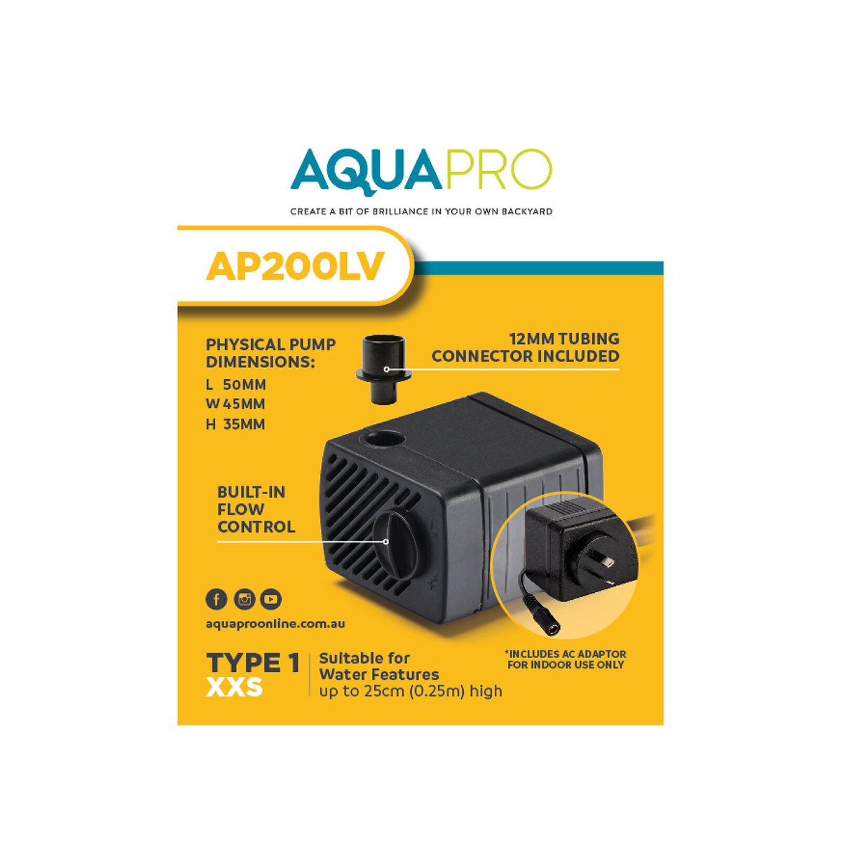 Aquapro AP200LV Low Voltage Tabletop Feature Pump 3W Submersible Indoor, Adjustable Flow