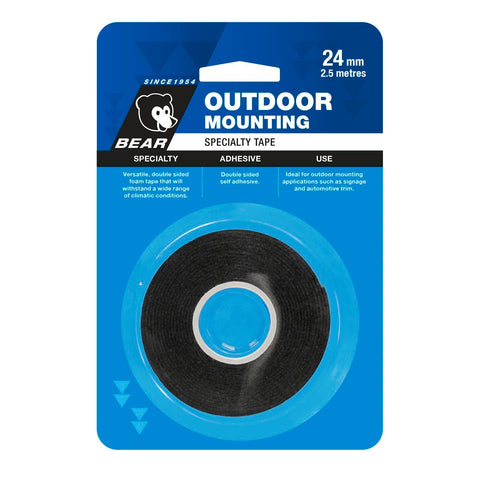 Bear Outdoor Mounting Tape 24mm x 2.5m Black Foam Double-Sided