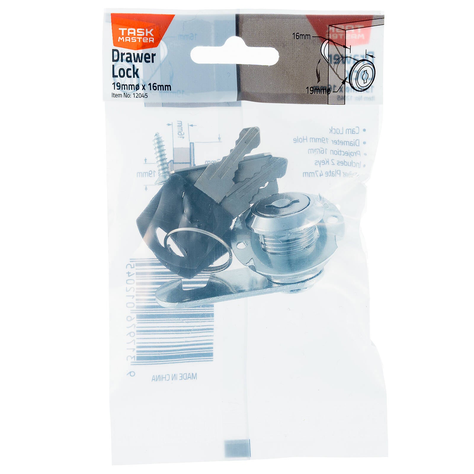 Taskmaster 19 x 16mm Drawer Lock with 2 Keys Cabinet Furniture Security