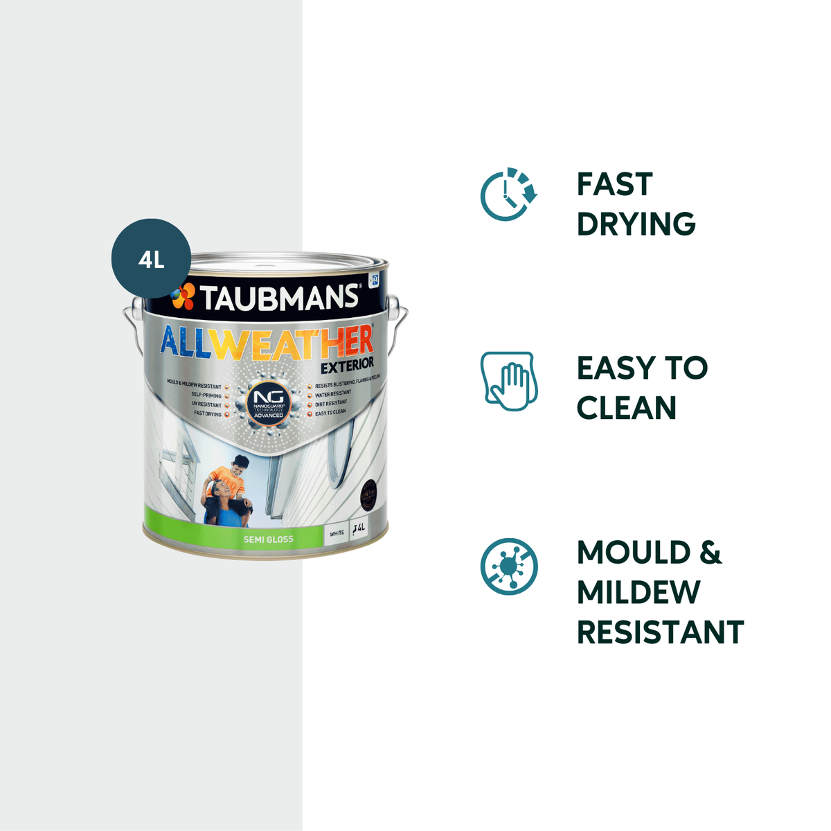Taubmans All Weather Exterior Paint - 4L - White - Semi Gloss - Mould Resistant - Fast Drying - SuperSaverAU - view 2