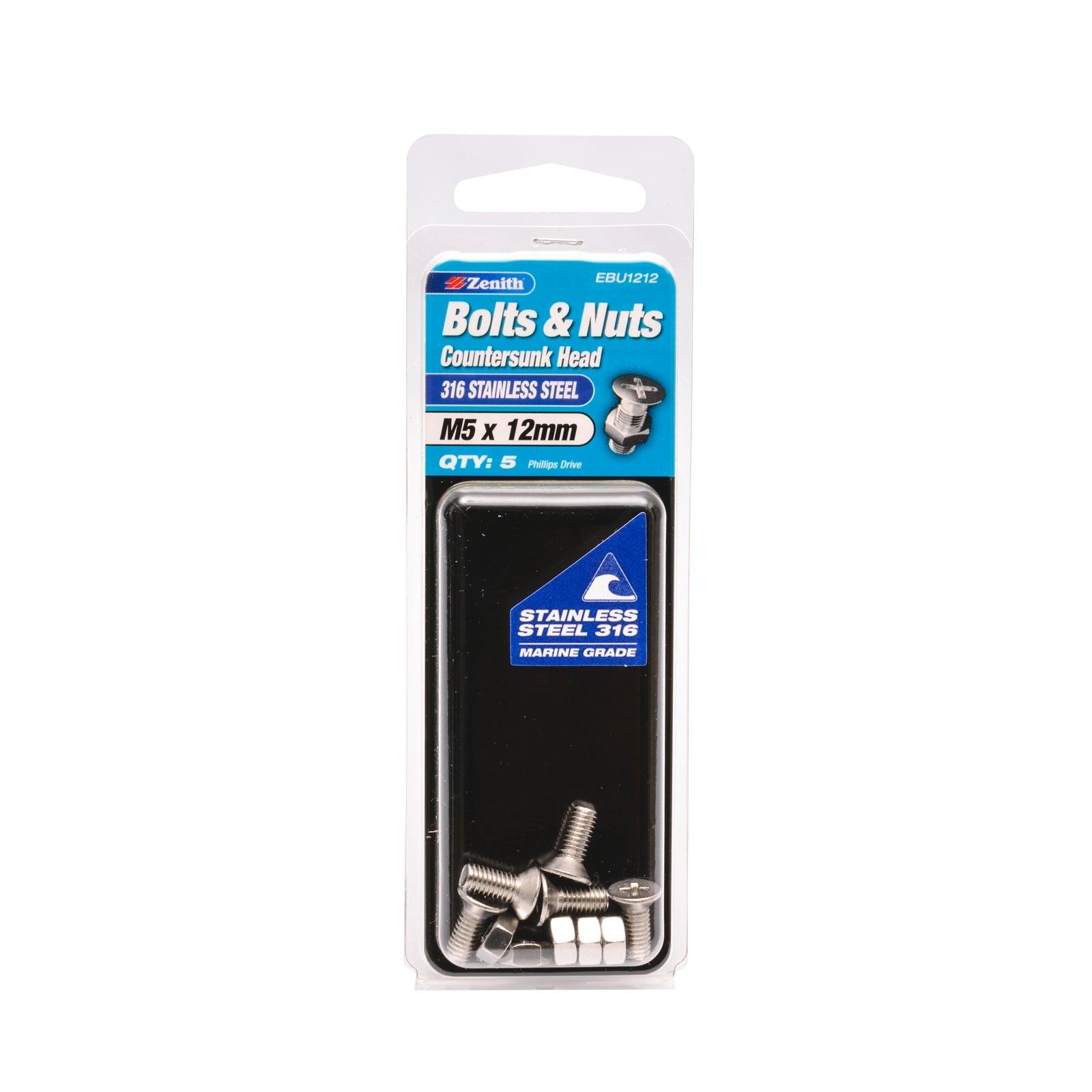 Zenith M5 x 12mm 316 Stainless Steel Countersunk Head Bolt and Nut 5 Pack
