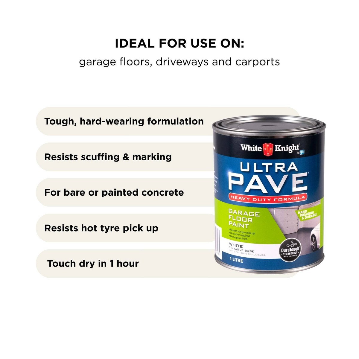 White Knight Ultra Pave Garage Floor Paint - 1L - White - Heavy Duty - DuraTough Technology - Oil & Grease Resistant - SuperSaverAU - view 4